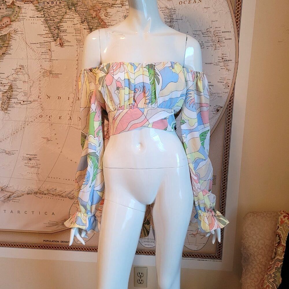 Milk & Honey pastel crop top off shoulder puff sleeves bow retro artsy boho XL